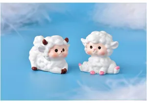 Close-up detail of cute cartoon sheep resin figurines, perfect for micro landscape and succulent decor.