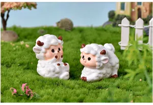 Close-up detail shot of cute resin sheep figurine for micro landscape moss decoration.