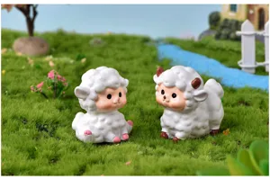 Cute resin sheep figurine for micro landscape moss terrarium succulent decor detail shot