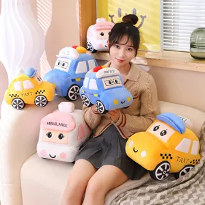 Cute cartoon car plush pillows, soft police taxi ambulance shaped toys for kids comforting gift.