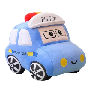 Cute blue police car plush toy pillow, soft stuffed vehicle doll for kids soothing and sleeping.