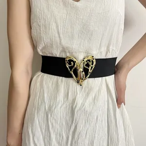 Women retro black elastic belt with gold heart buckle fashion waist accessory dress decor