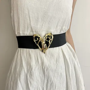 Retro Vintage Black Elastic Waist Belt Fashion Elegant Heart Metal Interlocking Buckle Rhinestone Decor Corset For Women