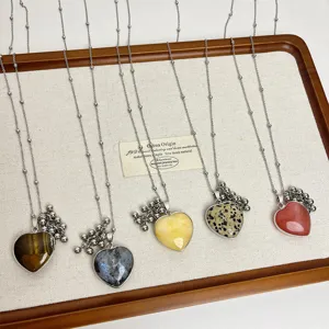 Natural stone heart pendant long chain necklace with delicate bead cluster design fashion jewelry