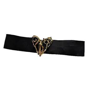 Black elastic belt with gold hollow heart buckle detail fashion waist accessory for women