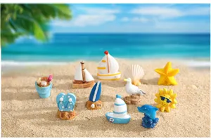 Vista detallada del conjunto de adornos de playa en miniatura de resina estilo mediterráneo.