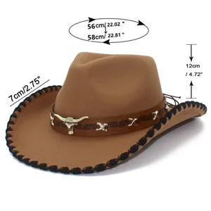 Detailed view of brown western cowboy hat showing brim width, crown height and head size.