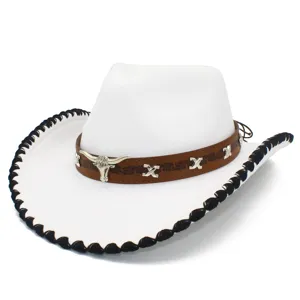Detailed view of a white western cowboy hat with brown leather band, bull head and black trim.