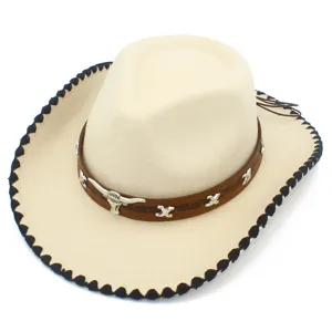 Classic beige western cowboy hat featuring brown band, silver bull skull and black brim edge.