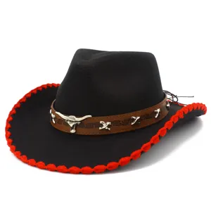 Black western cowboy hat with red edge braid and leather bull head band for men and women