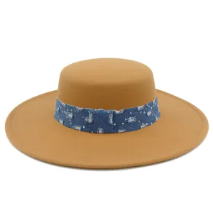 Sombrero Fedora Jazz Retro Francés de Ala Ancha para Mujer Elegante Algodón Poliéster Color Sólido Con Banda de Mezclilla y Lentejuelas