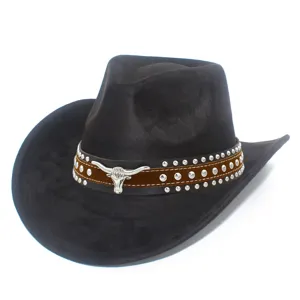 Close-up detail of black suede cowboy hat featuring brown band and silver bull skull accent.