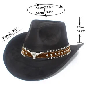 Black suede cowboy hat detail showing head size 56-58cm, 7cm brim, and 12cm crown height.