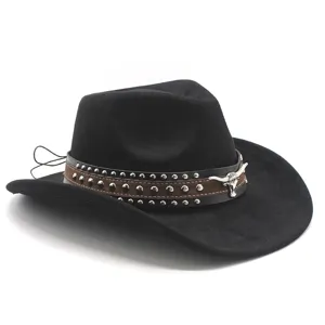 Classic black suede cowboy hat featuring studded double bands and silver bull skull detail.