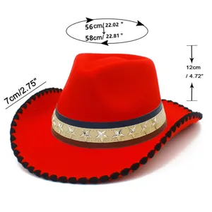 Red Western cowboy hat with star rivet hat band, stylish sun protection party hat for outdoor events.