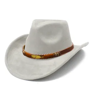 Close-up detail of the grey suede cowboy hat with metallic leaf decorative leather strap.