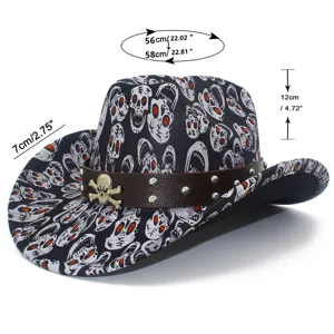 Detail view of the Halloween skull cowboy hat showing size dimensions, rivets and PU band.