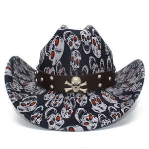 Close-up detail of the punk style Halloween skull cowboy hat featuring metal studs and skull badge.