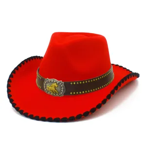 Red cowboy hat detail featuring a brown patterned band, golden horse buckle and black stitching.
