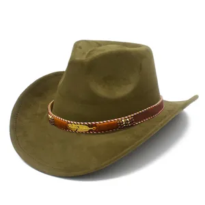 Classic Faux Suede Cowboy Hat Wide Curved Brim Fedora Hat With Metal Leaf Belt Vintage Western Jazz Hat For Women Men