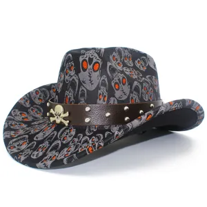 Halloween skull cowboy hat detail showing retro rivet leather band and unique spooky print design.