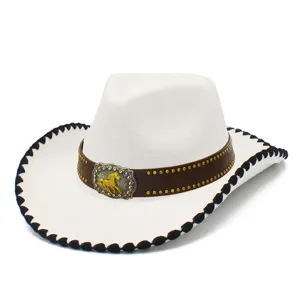 Detailed view of white western cowboy hat with brown band, gold horse buckle and black brim stitch.
