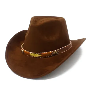 Premium brown suede cowboy hat with metallic leaf leather band stylish fedora jazz hat for men women