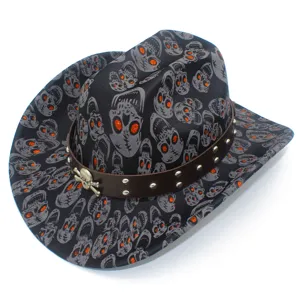 Detailed view of Halloween skull cowboy hat, punk gothic jazz hat with rivets and metal skull.