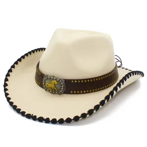Detailed close-up view of the cowboy hat brim texture and decorative black stitching.