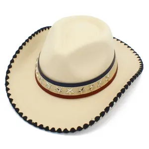 Close-up of beige western cowboy hat featuring multi-colored band and star metal rivets.