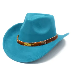 Blue suede cowboy hat detail featuring a brown decorative band with a golden feather and beads.
