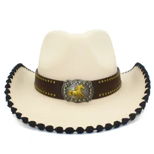 Western cowboy hat wide brim beige fedora with brown leather strap and horse metal buckle.