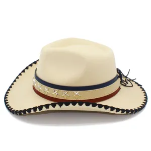 Detail view of beige western cowboy hat with patriotic star rivet band and black brim stitch.