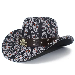 Halloween Skull Print Cowboy Hat Gothic Jazz Fedora With Leather Rivet Band For Party Costume Men Women
