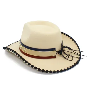 Close-up view of a beige western cowboy hat featuring patriotic red white blue band and stars.