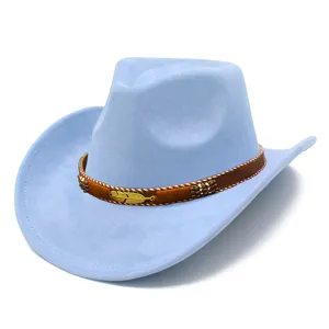 Light blue suede cowboy hat with brown braided band and metal feather charm detail.