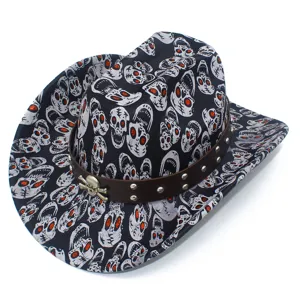 Close-up detail of the black halloween skull print cowboy hat with studded leather band.