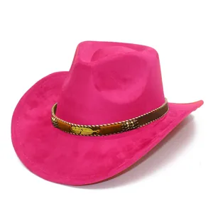 Detailed view of hot pink suede western cowboy hat with metal leaf strap decoration.