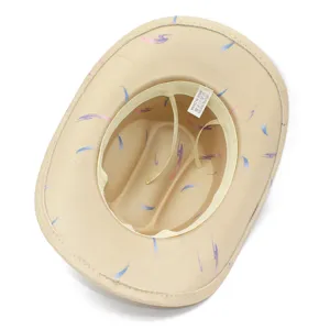 Interior detail of beige western cowboy hat with strap and wash tag, classic retro design.