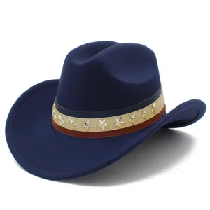 Detailed view of dark blue felt cowboy hat with striking silver star rivets and contrast band.