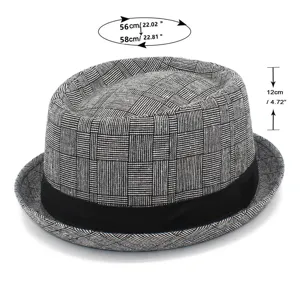 Classic black and white plaid fedora hat detail, retro British style jazz hat with band.