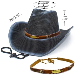 Vista dettagliata del cappello da cowboy in paglia con fascia in piuma e sottogola.
