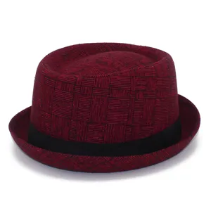 Retro red plaid pork pie hat for men and women, classic British jazz hat with black band.