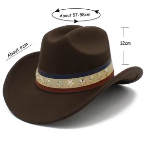 Brown western cowboy hat with star rivets, detailed size view showing 57-58cm head circumference.