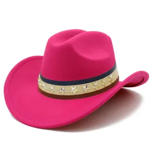 Pink felt western cowboy hat closeup, featuring silver star rivets and striped hatband design.