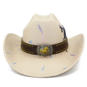 Detail view of the beige western cowboy hat with pony print, leather band and golden horse buckle.