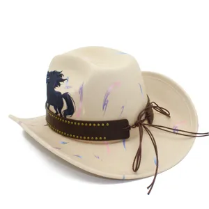 Detailed view of the stylish pony print cowboy hat featuring a studded leather band and brim.