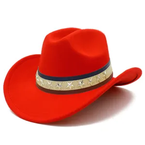 Red western cowboy hat featuring star studded decorative band for party festival dress up.
