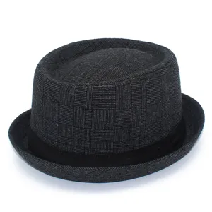 Classic grey plaid bowler hat detail, retro British style jazz hat for men and women.