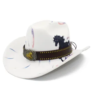 Detail view of fashion cowboy hat with pony print, metal buckle and stylish brim design.